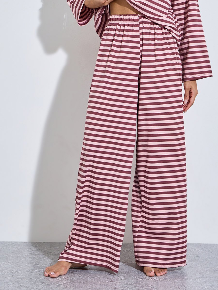 Burgundy Striped Long Sleeves T-Shirt and Wide Leg Pants Pyjama Set