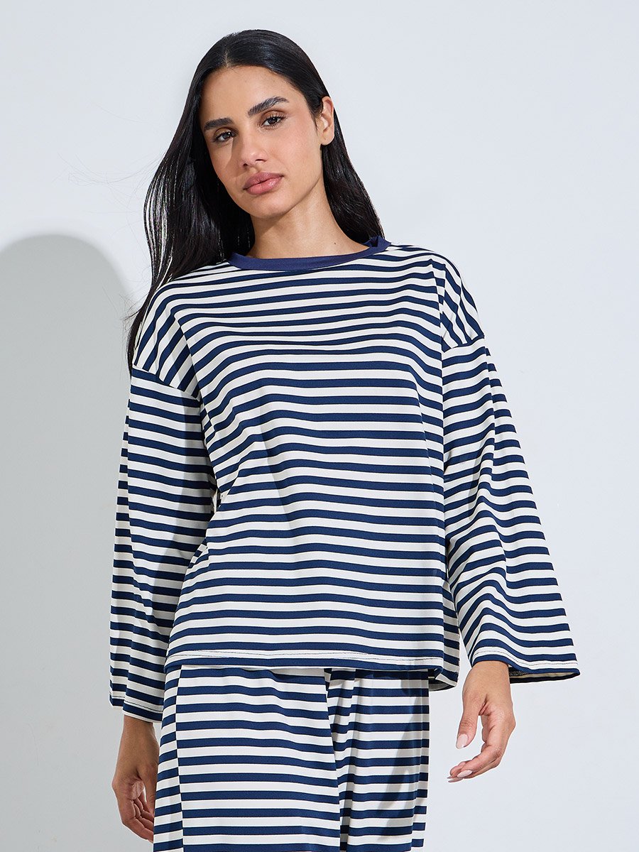 Navy Blue Striped Long Sleeves T-Shirt and Wide Leg Pants Pyjama Set