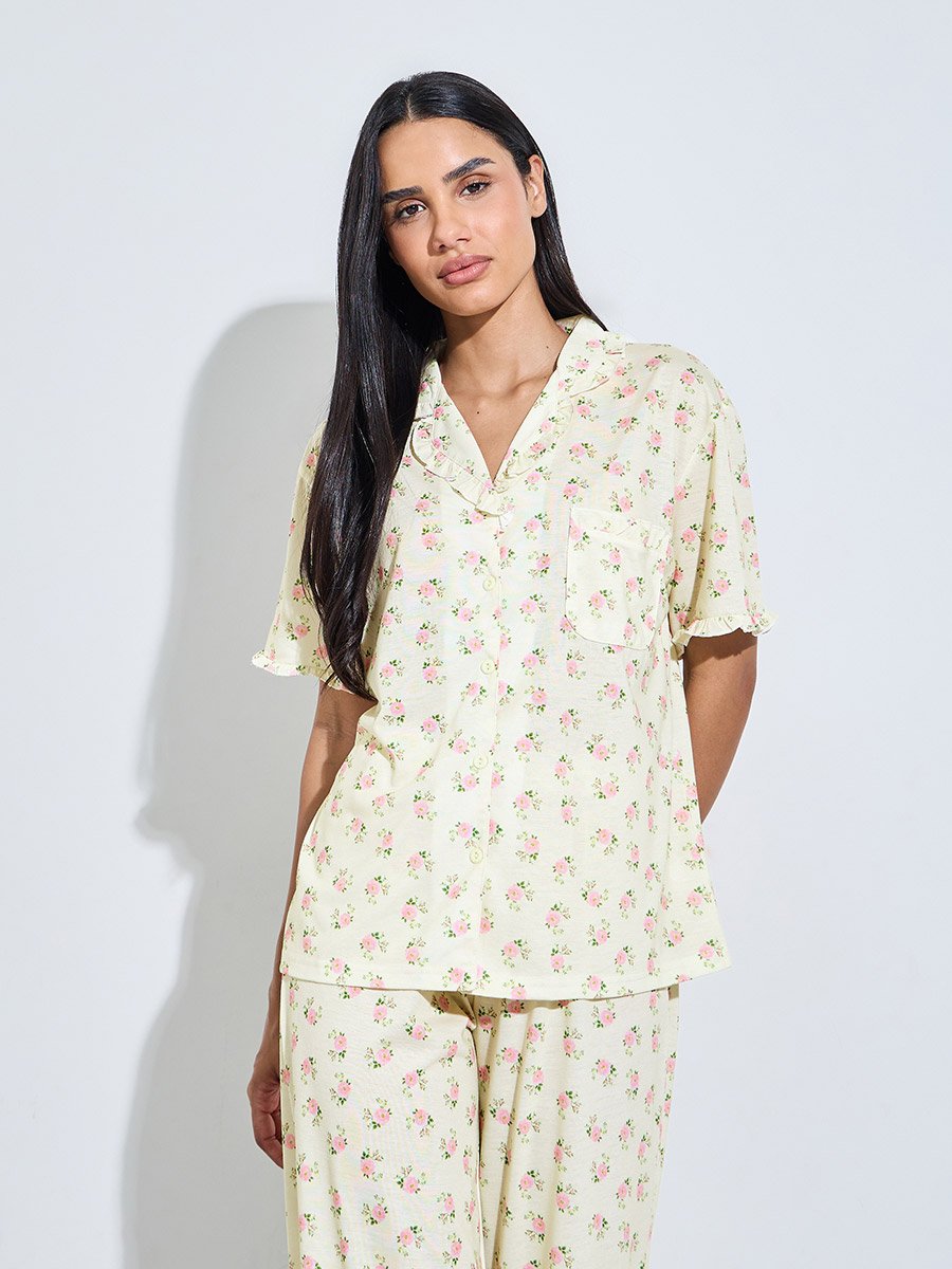 Cream Floral Wide Leg Pajama Set with Ruffle Collar Shirt