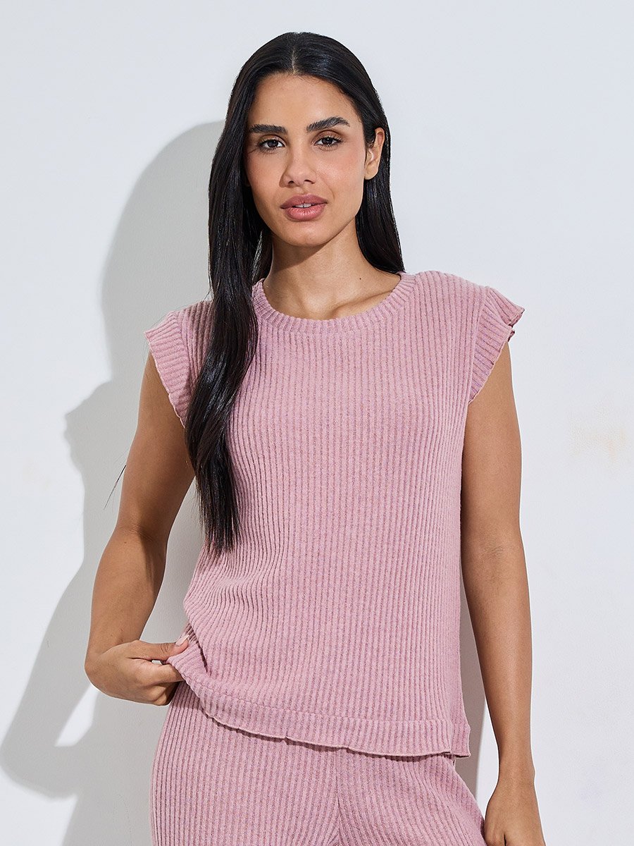 Pink Ribbed Short Cap Sleeves T-Shirt and Wide Leg Pants Pyjama Set
