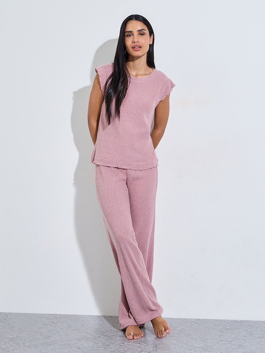 Pink Ribbed Short Cap Sleeves T-Shirt and Wide Leg Pants Pyjama Set
