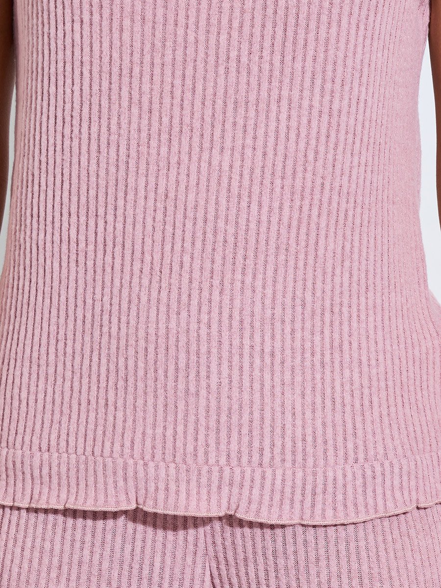 Pink Ribbed Short Cap Sleeves T-Shirt and Wide Leg Pants Pyjama Set