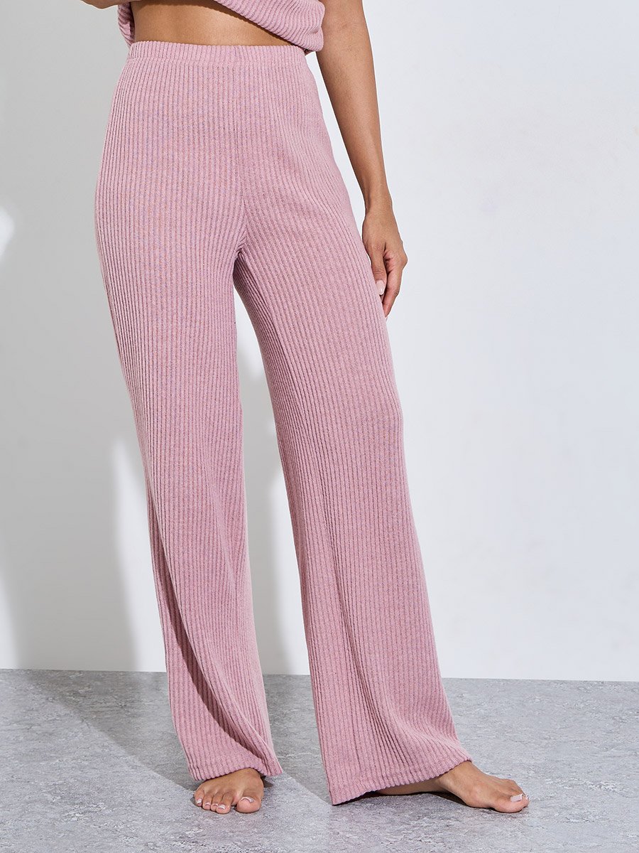 Pink Ribbed Short Cap Sleeves T-Shirt and Wide Leg Pants Pyjama Set