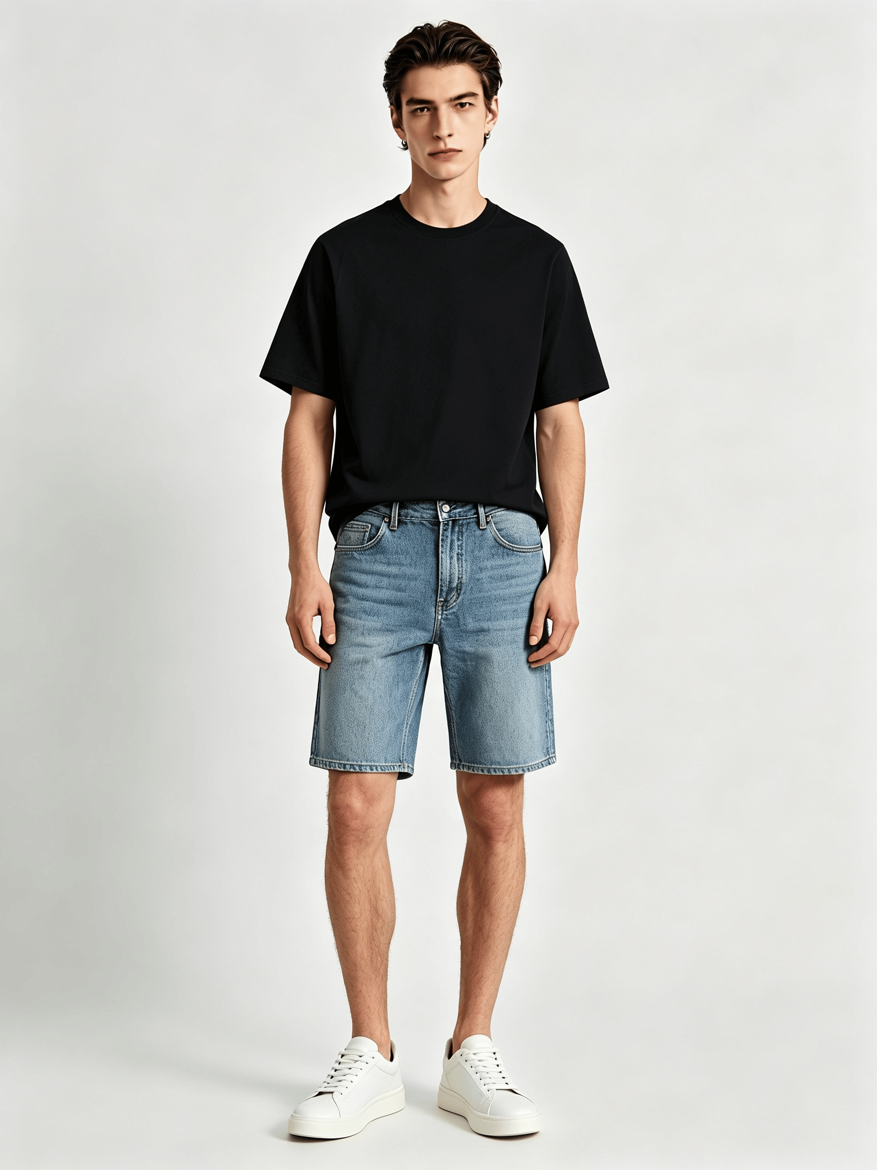 Men Black Plain Knitted Round Neck T-Shirt with Short Sleeves