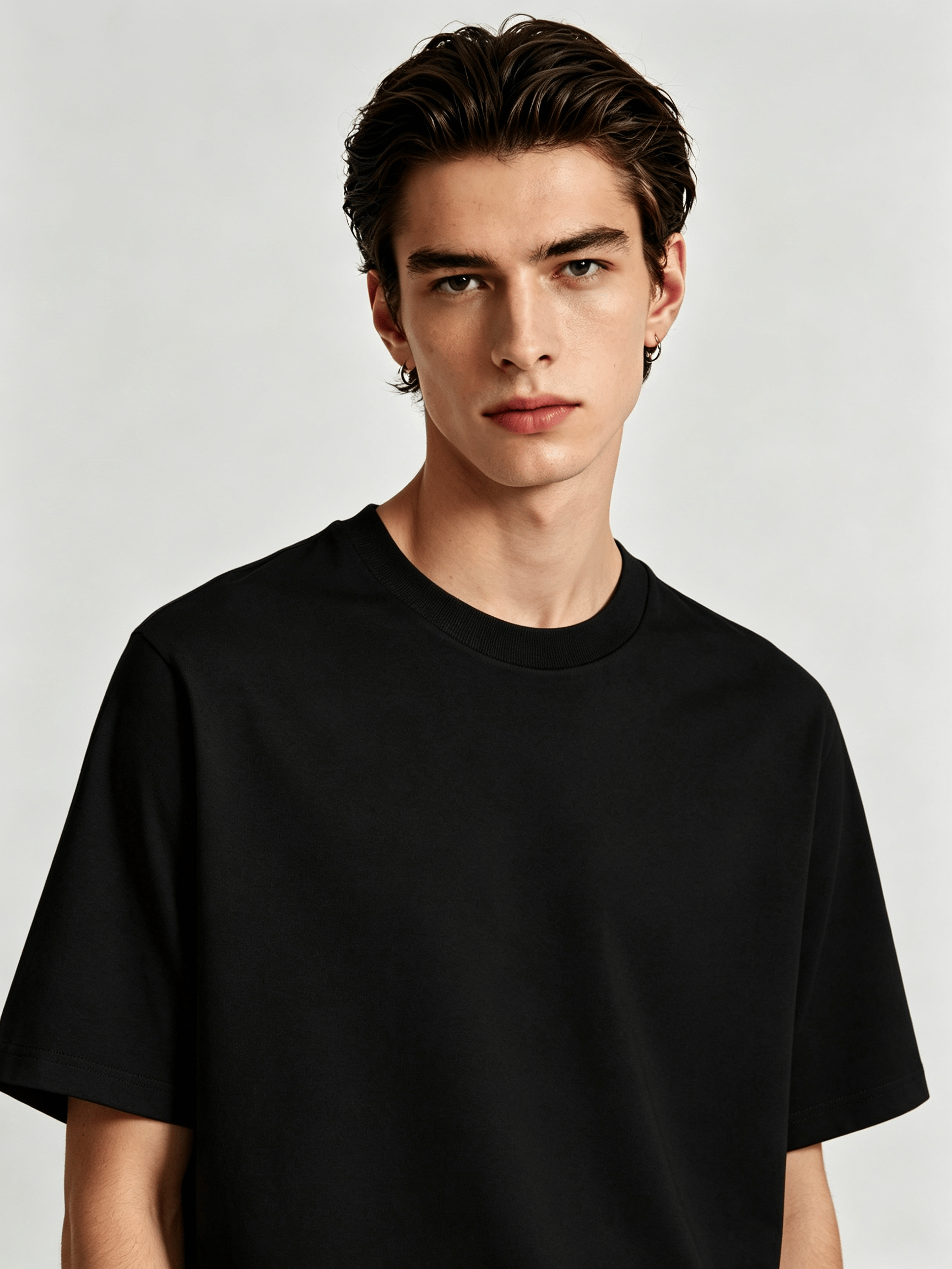 Men Black Plain Knitted Round Neck T-Shirt with Short Sleeves