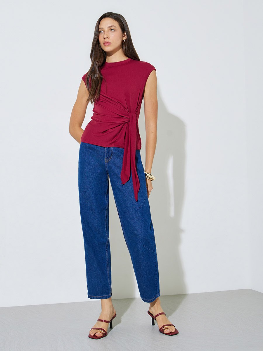 Burgundy Tie-Waist Slim Fit Knit Top