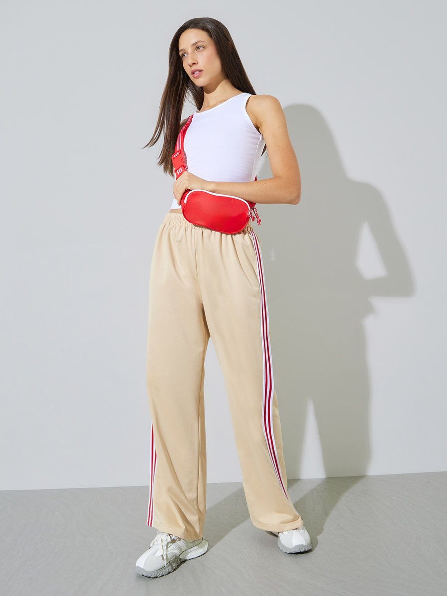 Beige Side Tape Detail Wide Leg Joggers