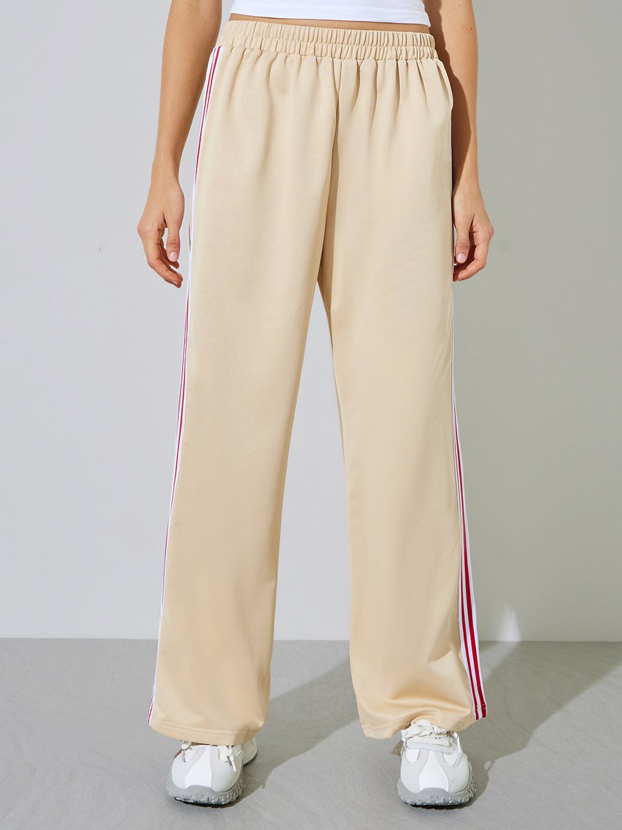 Beige Side Tape Detail Wide Leg Joggers