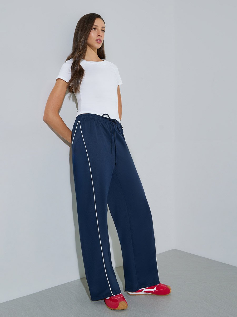 Dark Blue Side Stripe Wide Leg Joggers