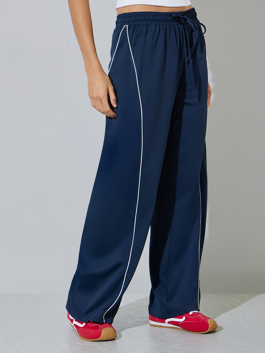 Dark Blue Side Stripe Wide Leg Joggers