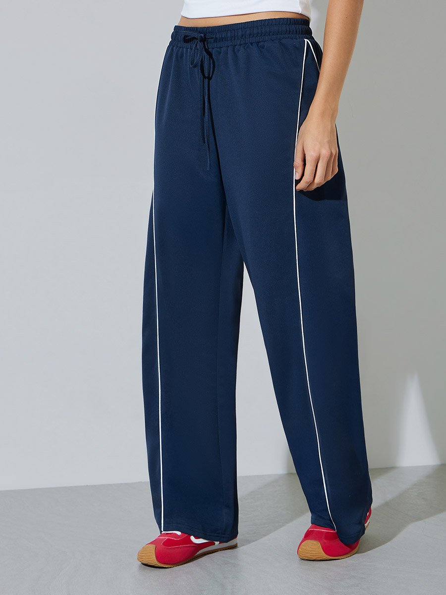 Dark Blue Side Stripe Wide Leg Joggers