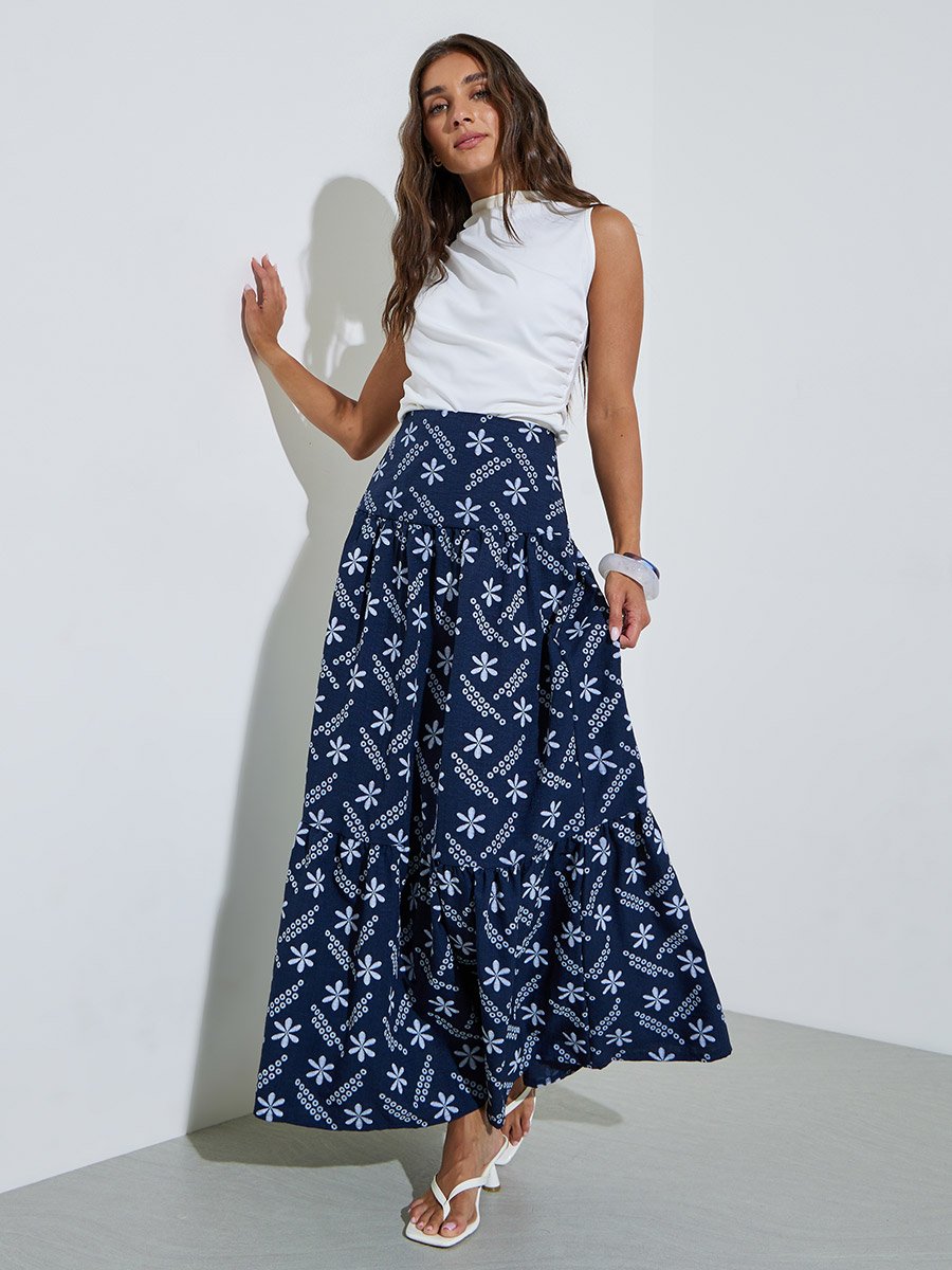 Blue Floral Embroidery Jacquard Fabric Pleated A-Line Maxi Skirt