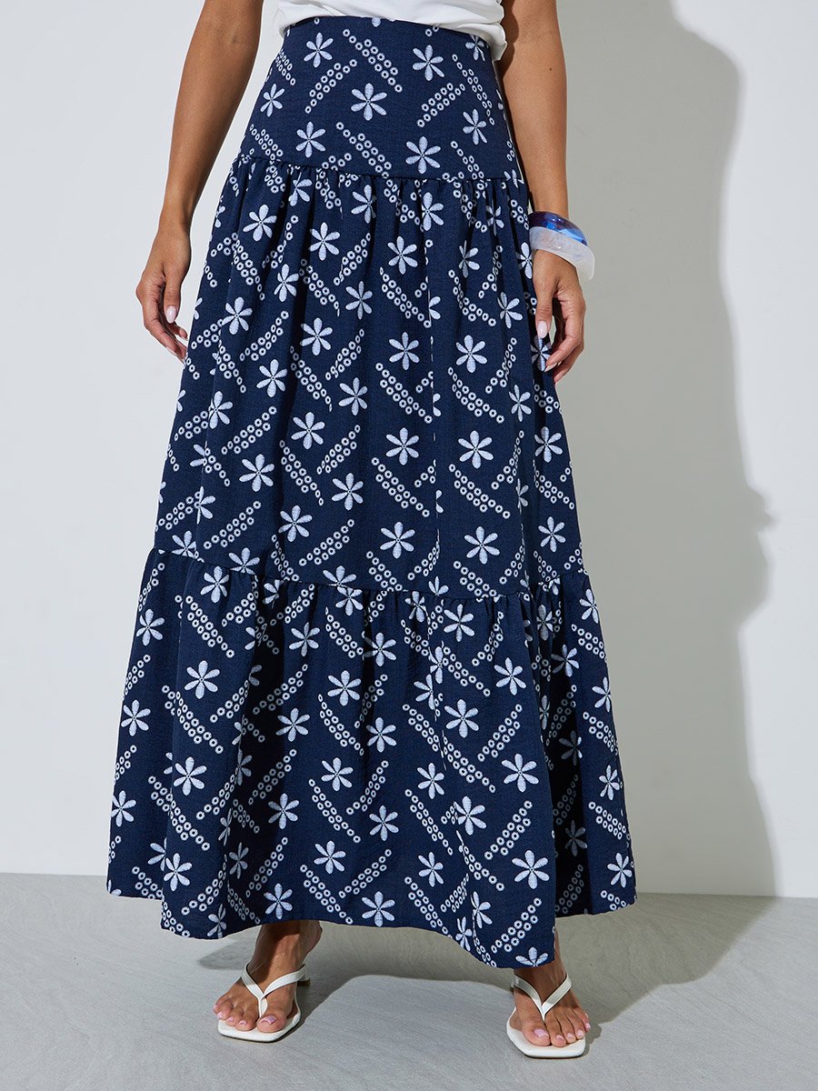 Blue Floral Embroidery Jacquard Fabric Pleated A-Line Maxi Skirt