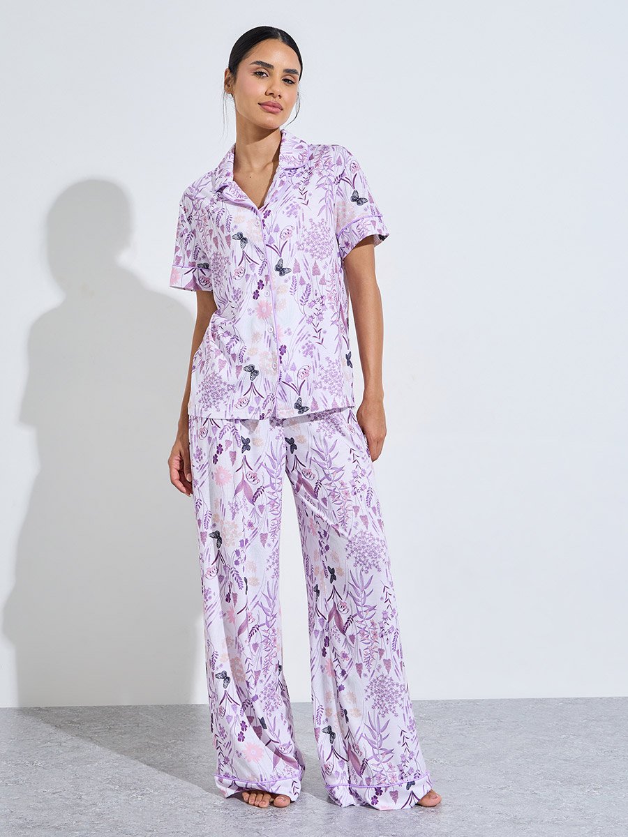 Lilac All Over Print Shirt and Wide Leg Pants Pyjama Set