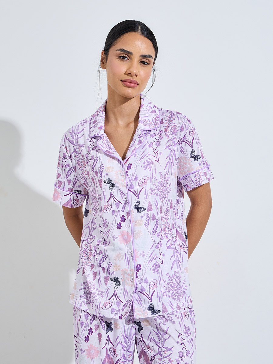 Lilac All Over Print Shirt and Wide Leg Pants Pyjama Set