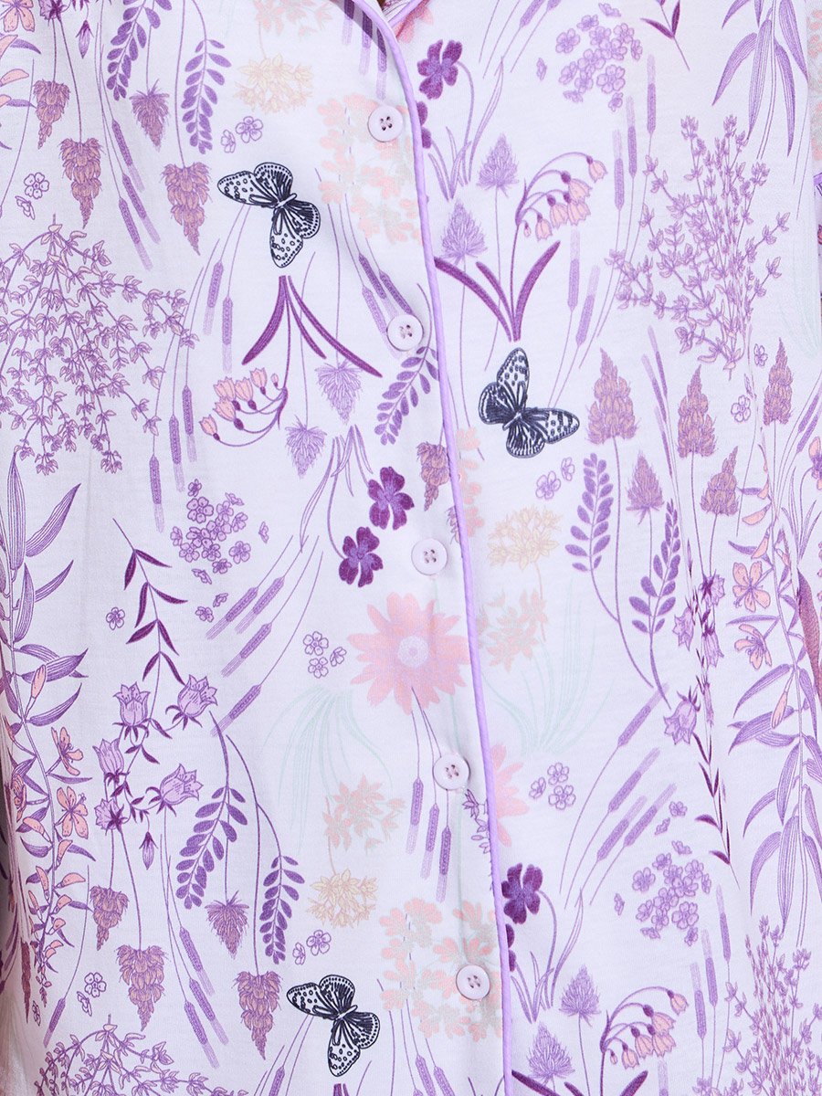 Lilac All Over Print Shirt and Wide Leg Pants Pyjama Set