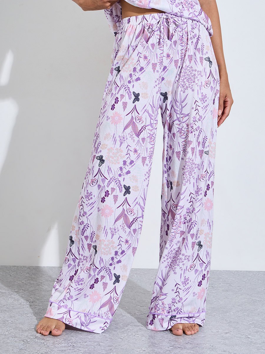 Lilac All Over Print Shirt and Wide Leg Pants Pyjama Set