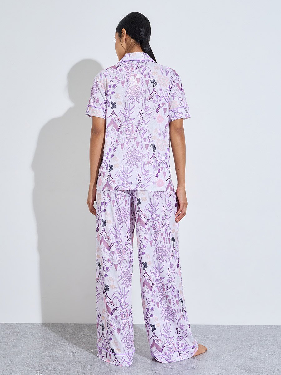 Lilac All Over Print Shirt and Wide Leg Pants Pyjama Set