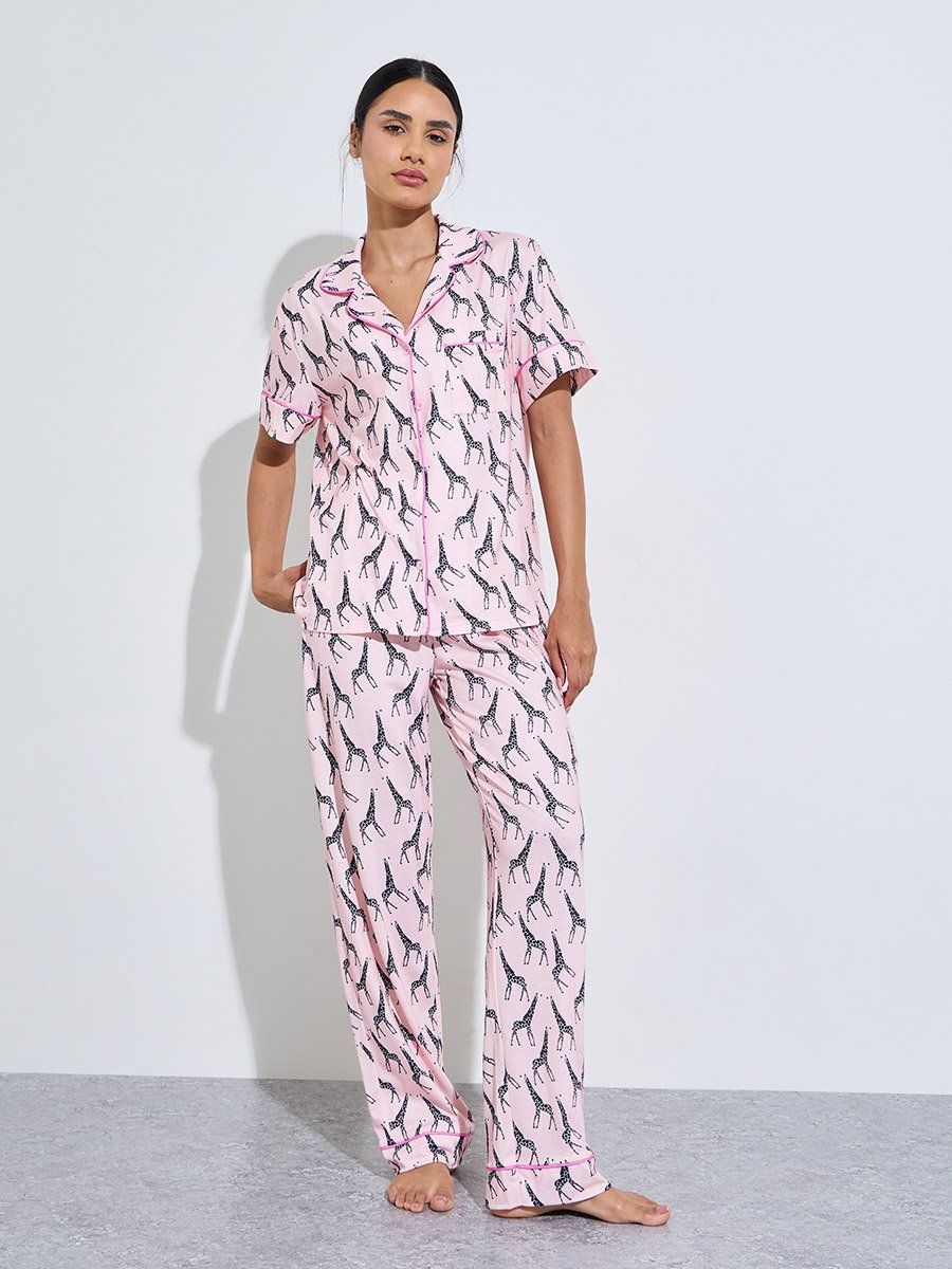Pink All Over Giraffe Print Shirt and Straight Leg Pants Pyjama Set