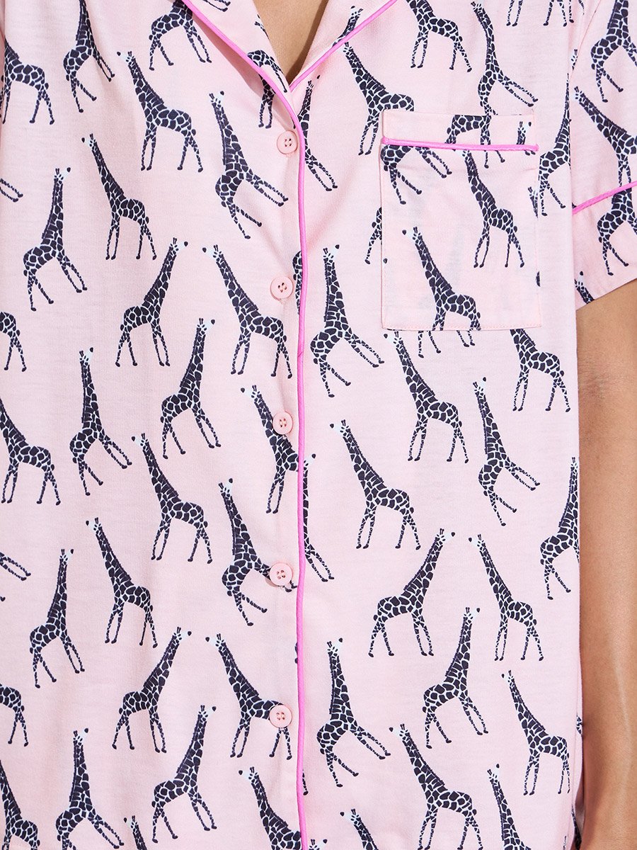 Pink All Over Giraffe Print Shirt and Straight Leg Pants Pyjama Set