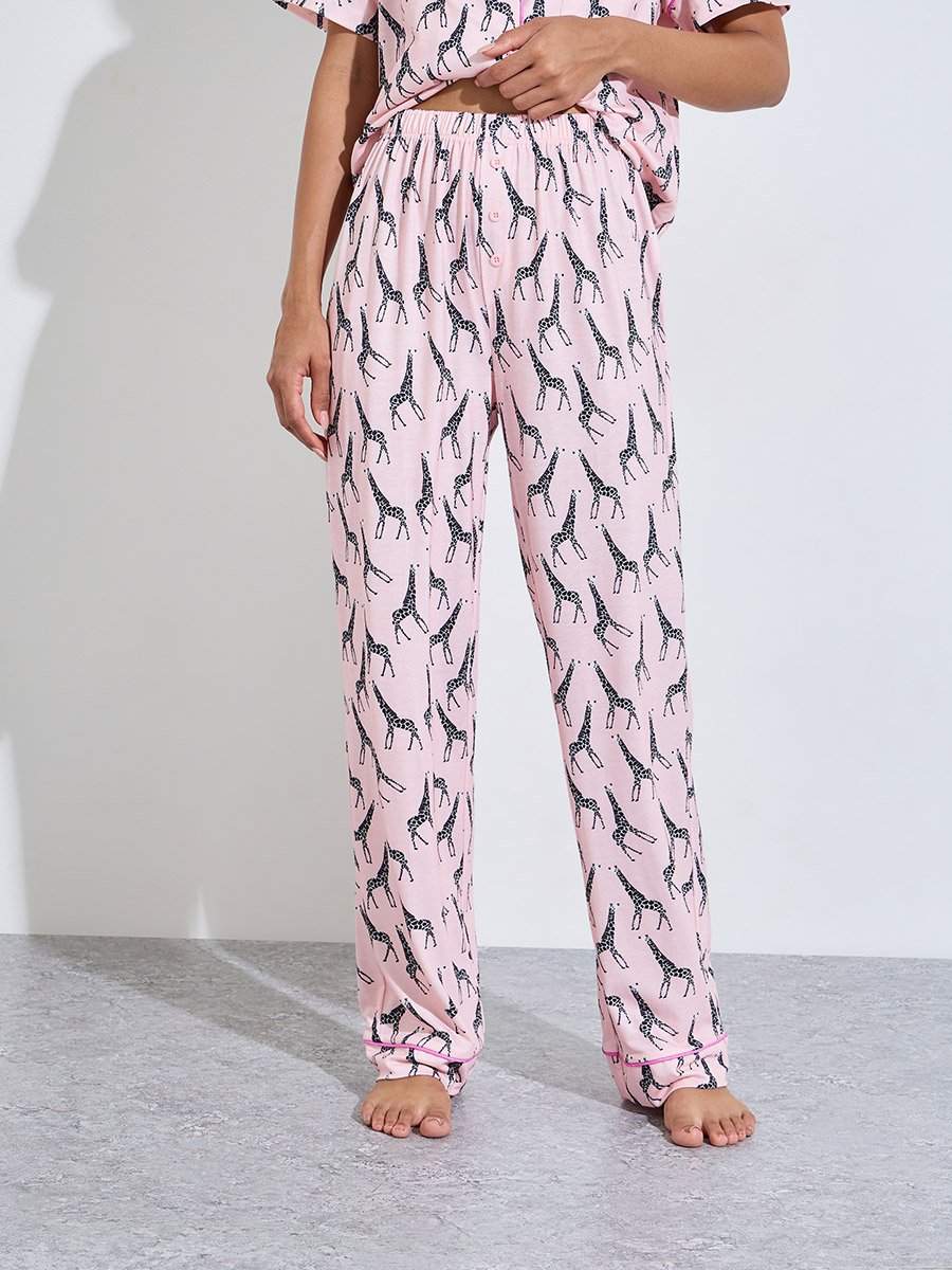 Pink All Over Giraffe Print Shirt and Straight Leg Pants Pyjama Set