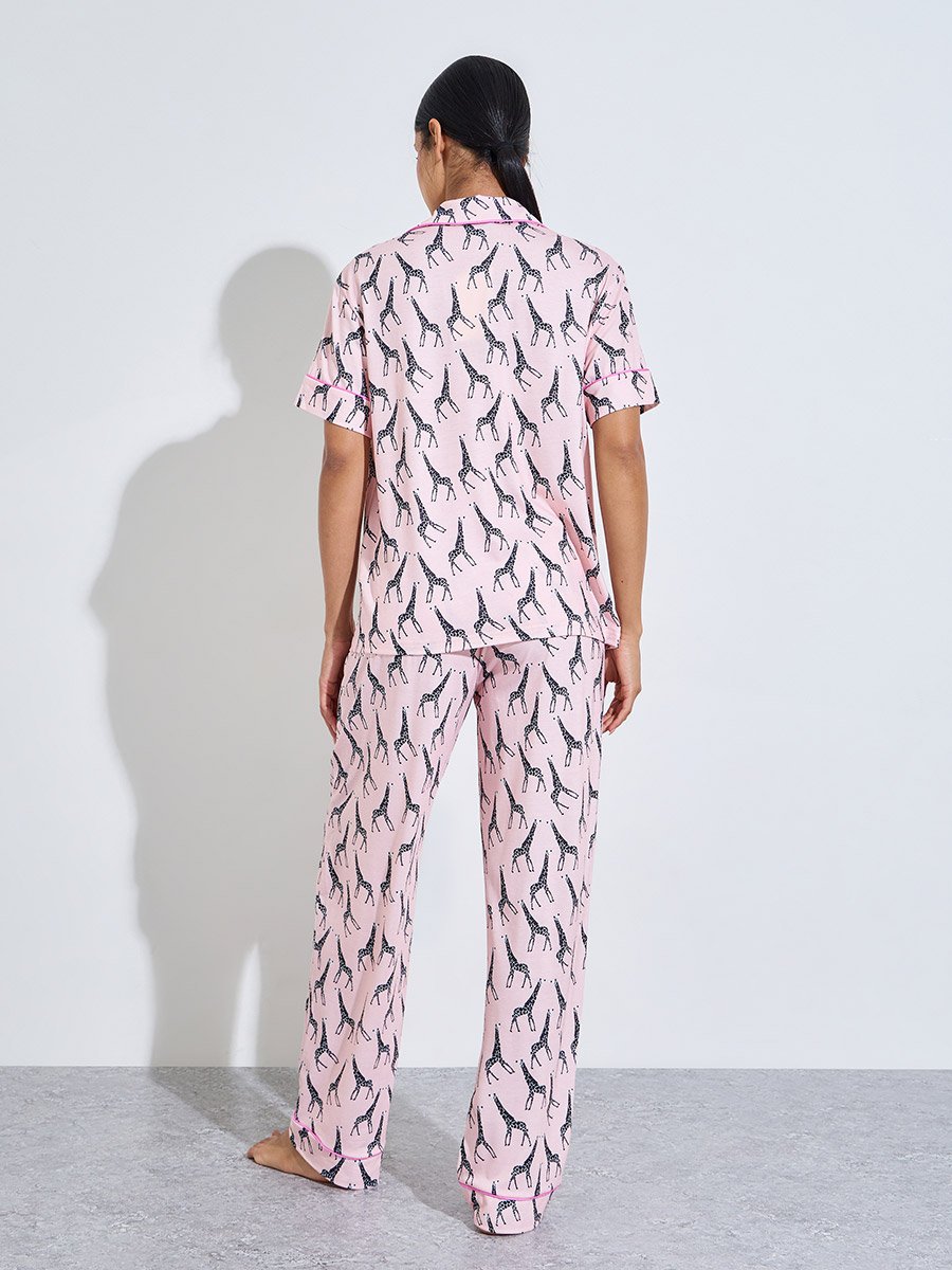 Pink All Over Giraffe Print Shirt and Straight Leg Pants Pyjama Set