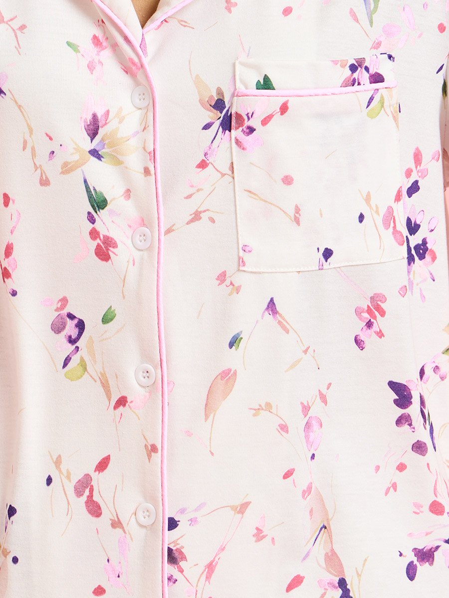 Cream Floral Print Shirt and Wide Leg Pants Pyjama Set