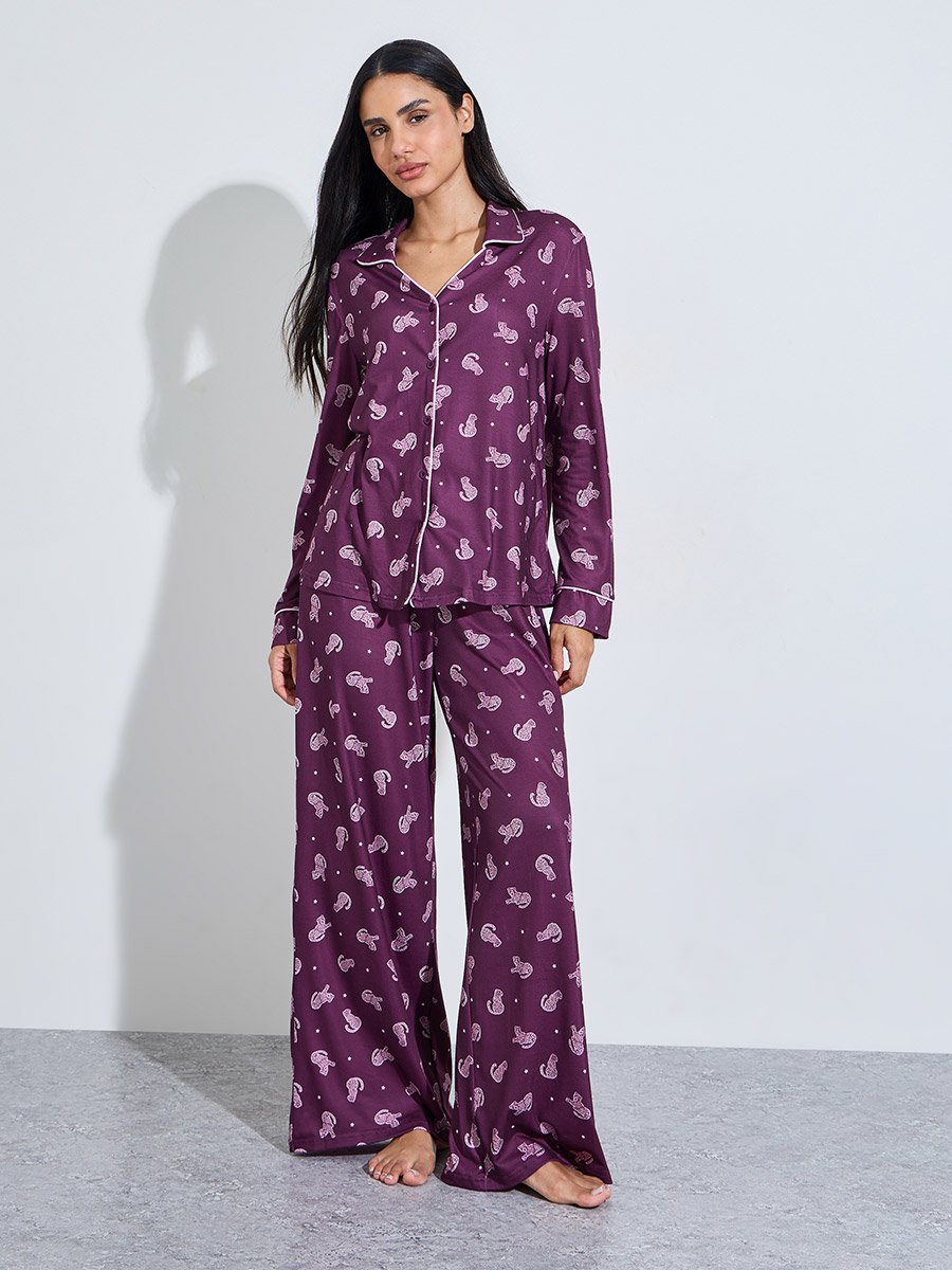 Burgundy All Over Print Shirt and Wide Leg Pants Pyjama Set