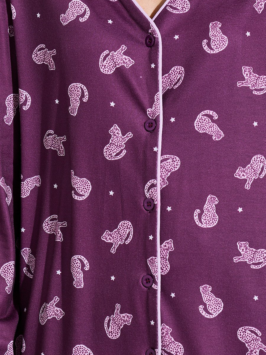 Burgundy All Over Print Shirt and Wide Leg Pants Pyjama Set