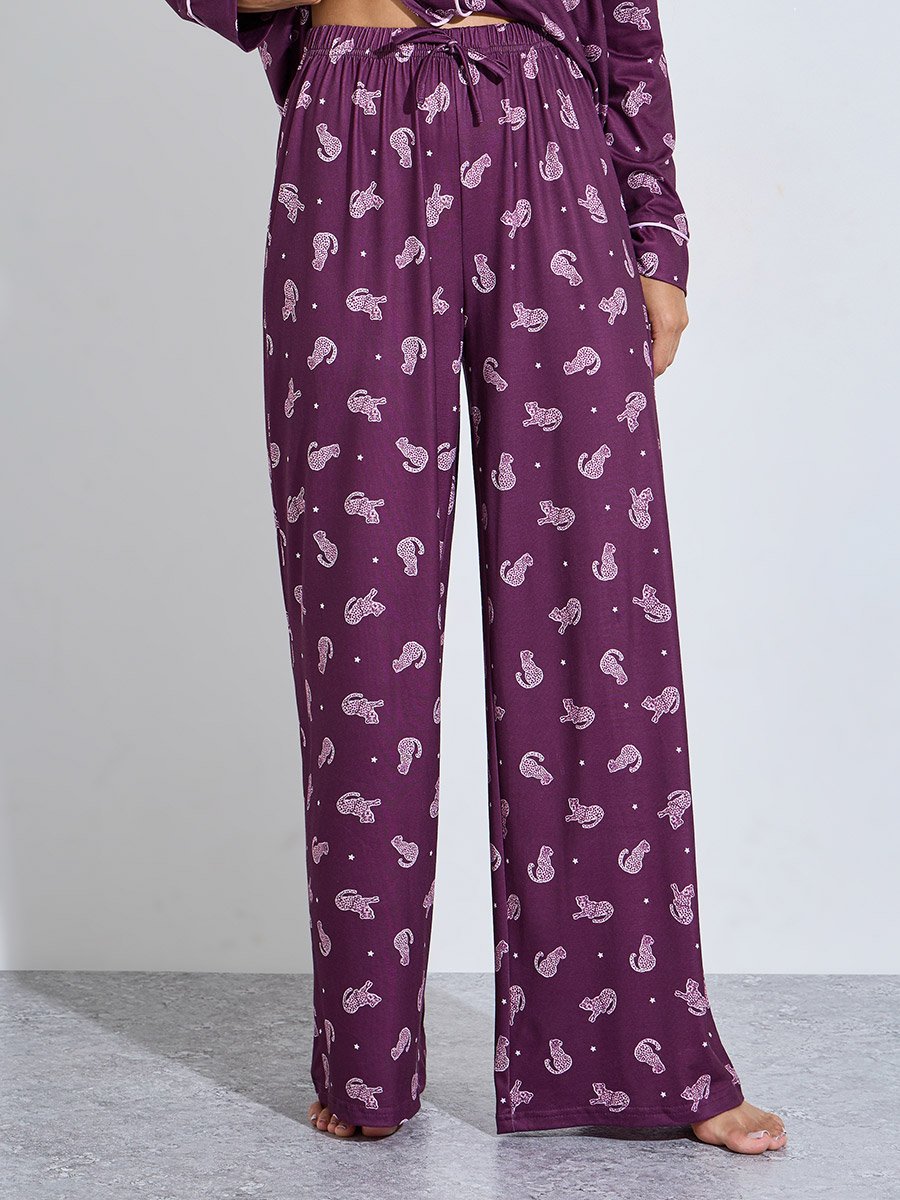 Burgundy All Over Print Shirt and Wide Leg Pants Pyjama Set