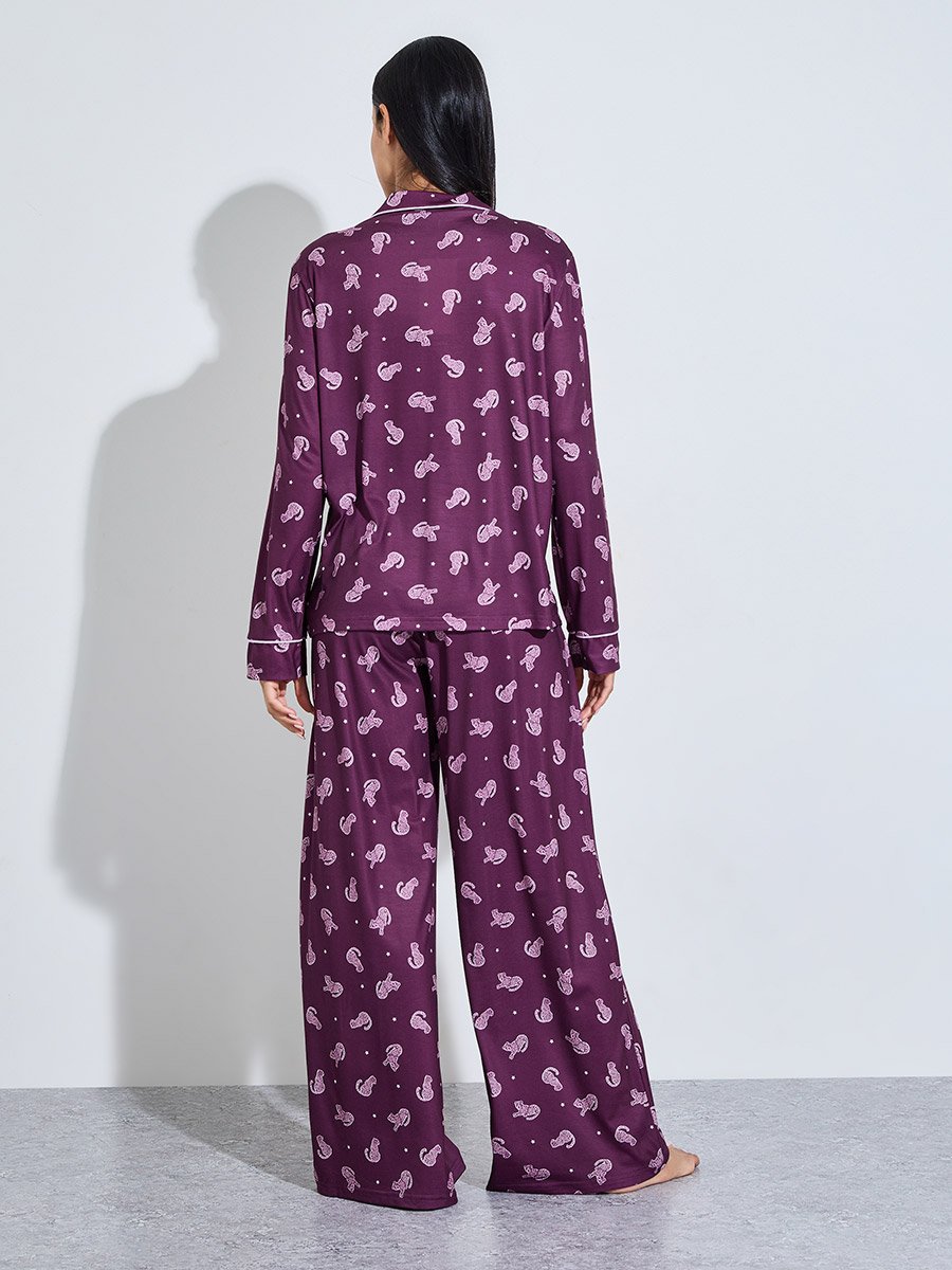 Burgundy All Over Print Shirt and Wide Leg Pants Pyjama Set