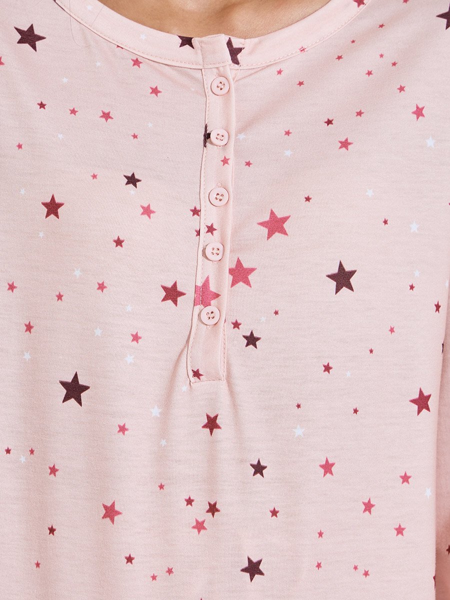 Pink All over Star Print Long Sleeves T-Shirt and Pants Pyjama Set