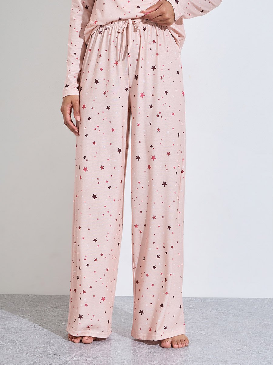 Pink All over Star Print Long Sleeves T-Shirt and Pants Pyjama Set