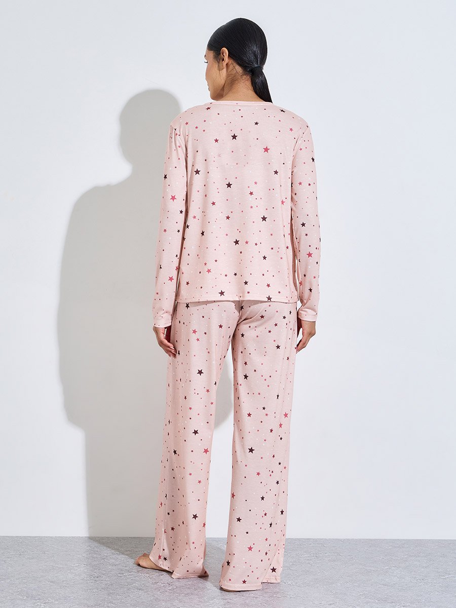 Pink All over Star Print Long Sleeves T-Shirt and Pants Pyjama Set