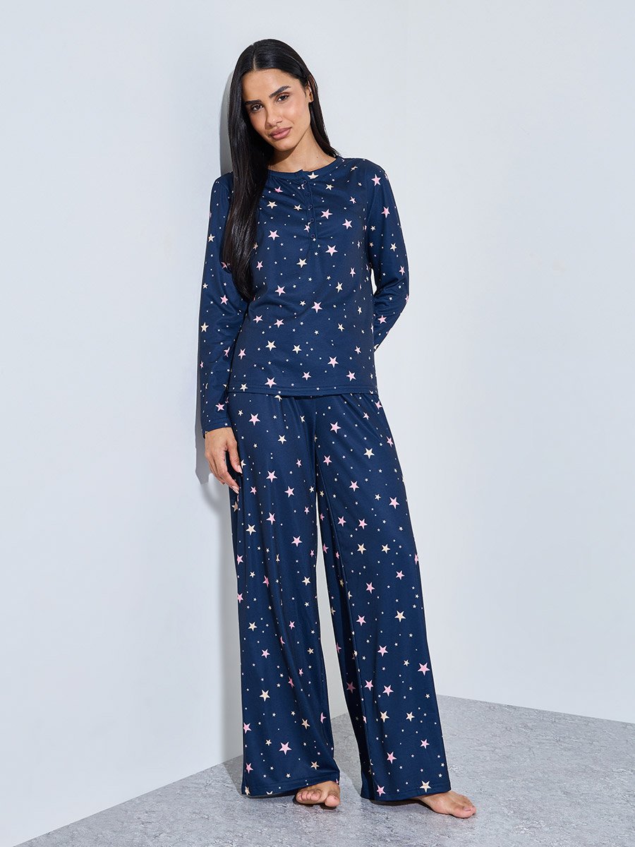 Navy Blue All over Star Print Long Sleeves T-Shirt and Pants Pyjama Set