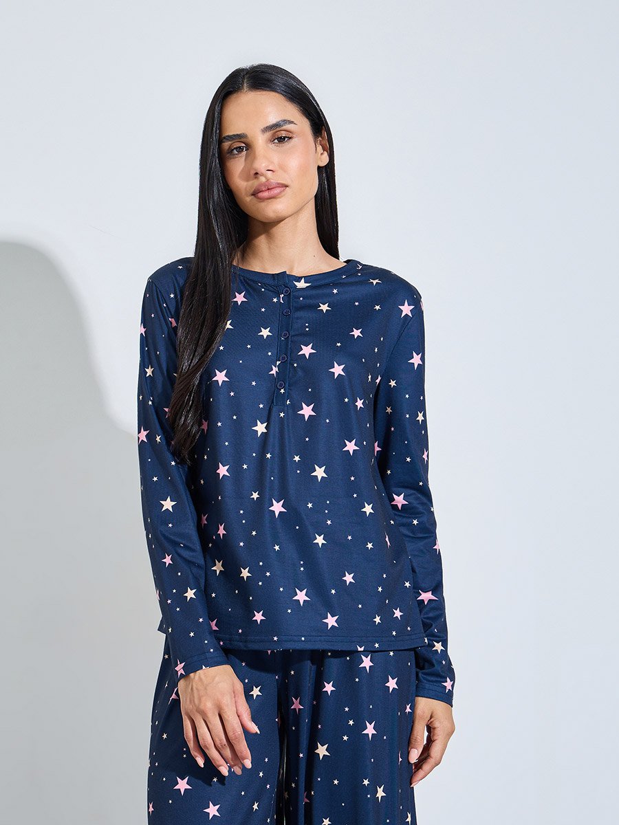Navy Blue All over Star Print Long Sleeves T-Shirt and Pants Pyjama Set