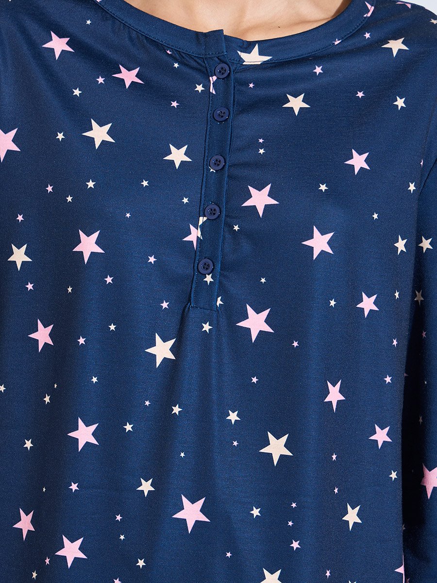 Navy Blue All over Star Print Long Sleeves T-Shirt and Pants Pyjama Set