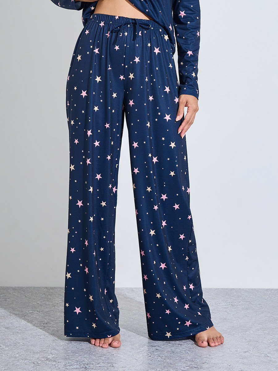 Navy Blue All over Star Print Long Sleeves T-Shirt and Pants Pyjama Set