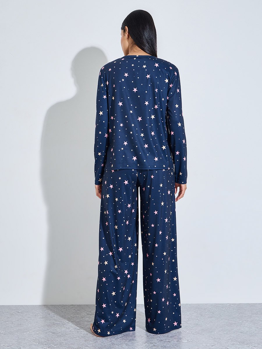 Navy Blue All over Star Print Long Sleeves T-Shirt and Pants Pyjama Set