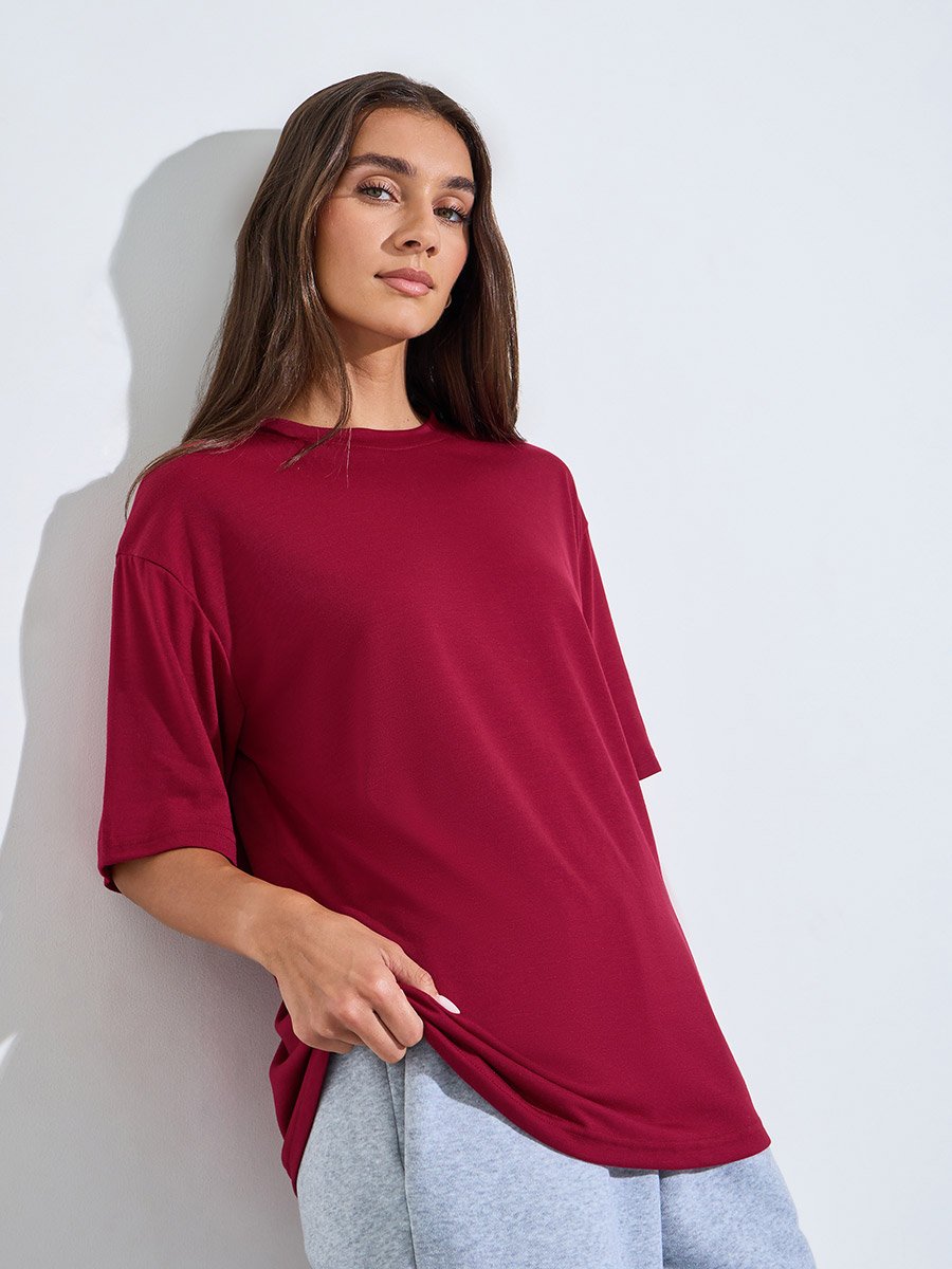 Burgundy Back Graphic Print Drop Shoulder Oversized T-Shirt