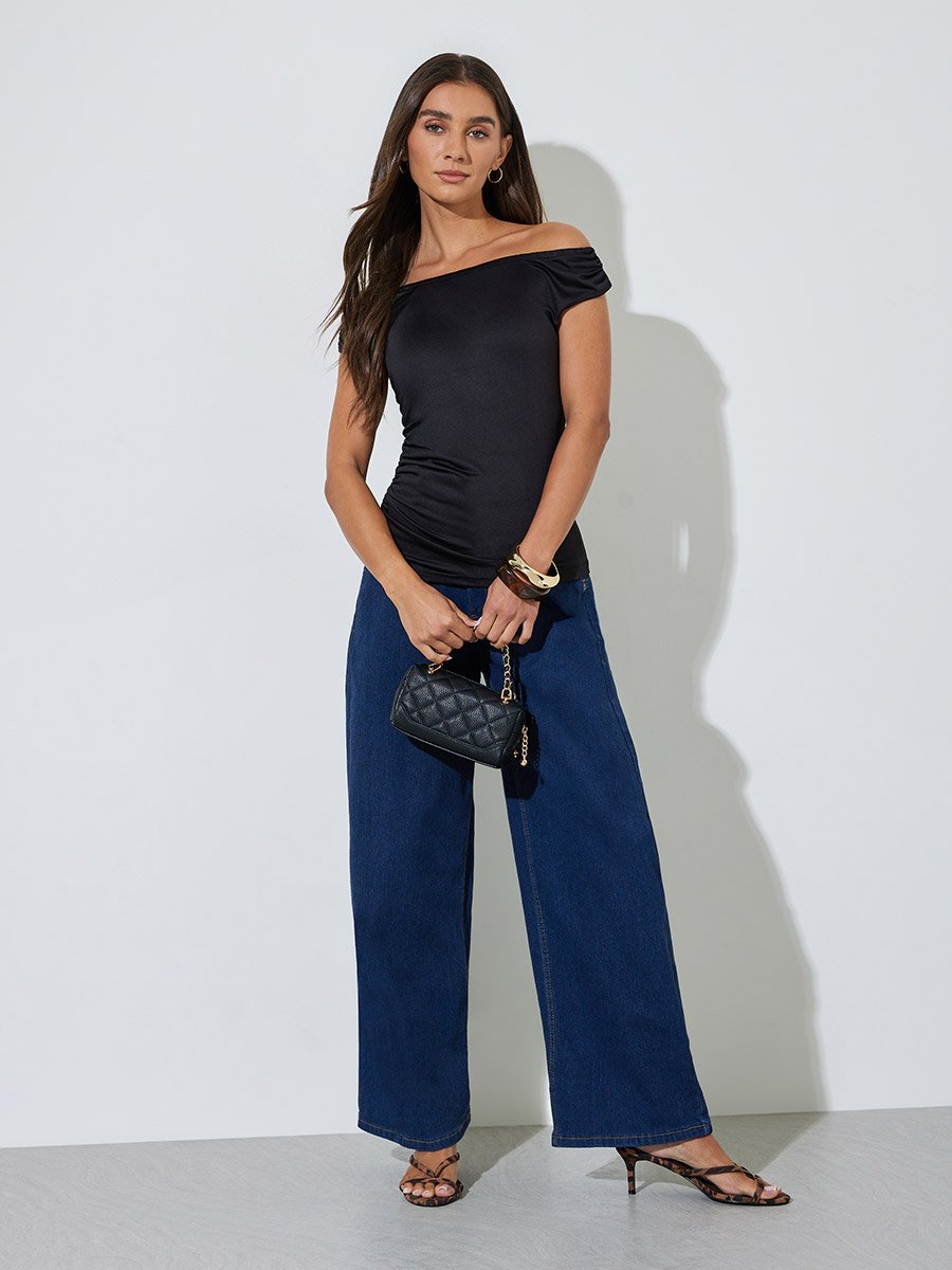 Black Solid Off Shoulder Side Ruched Top