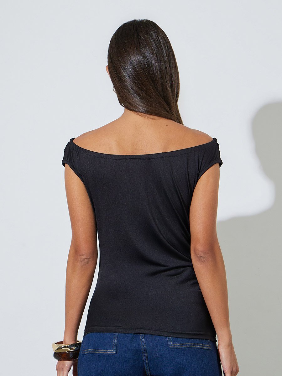 Black Solid Off Shoulder Side Ruched Top