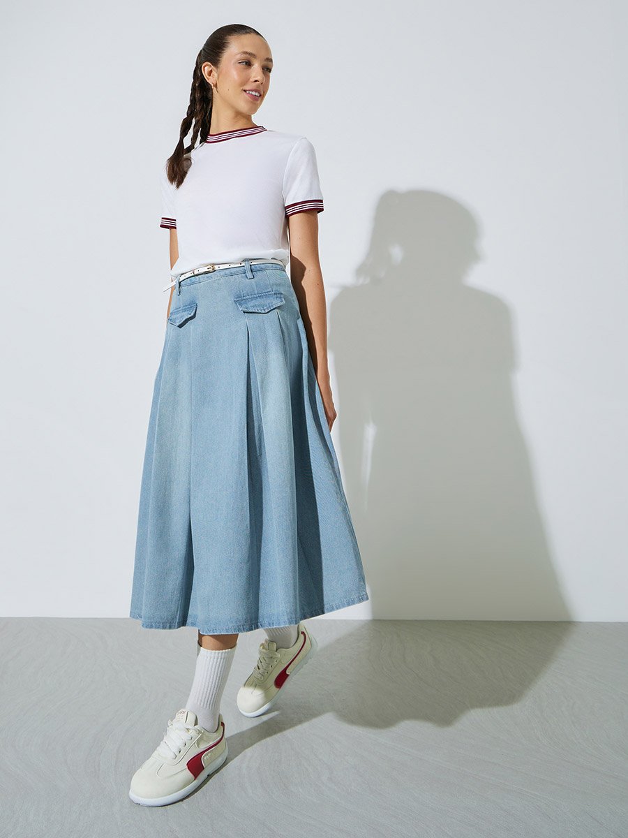 Blue Denim Solid Pocket Decor A-Line Midi Skirt