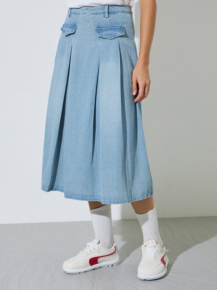 Blue Denim Solid Pocket Decor A-Line Midi Skirt