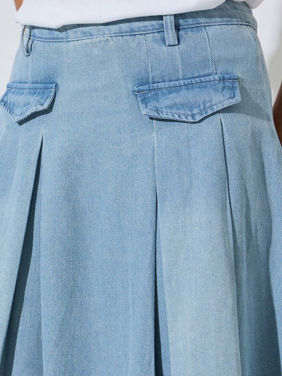 Blue Denim Solid Pocket Decor A-Line Midi Skirt