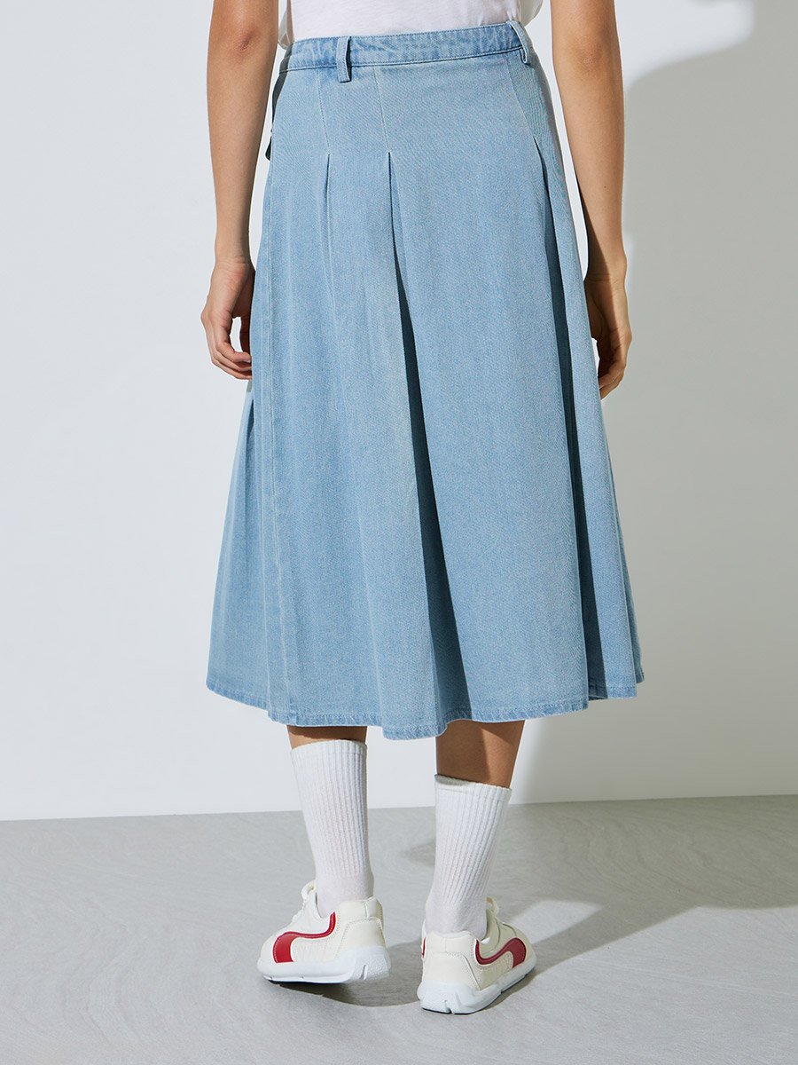 Blue Denim Solid Pocket Decor A-Line Midi Skirt