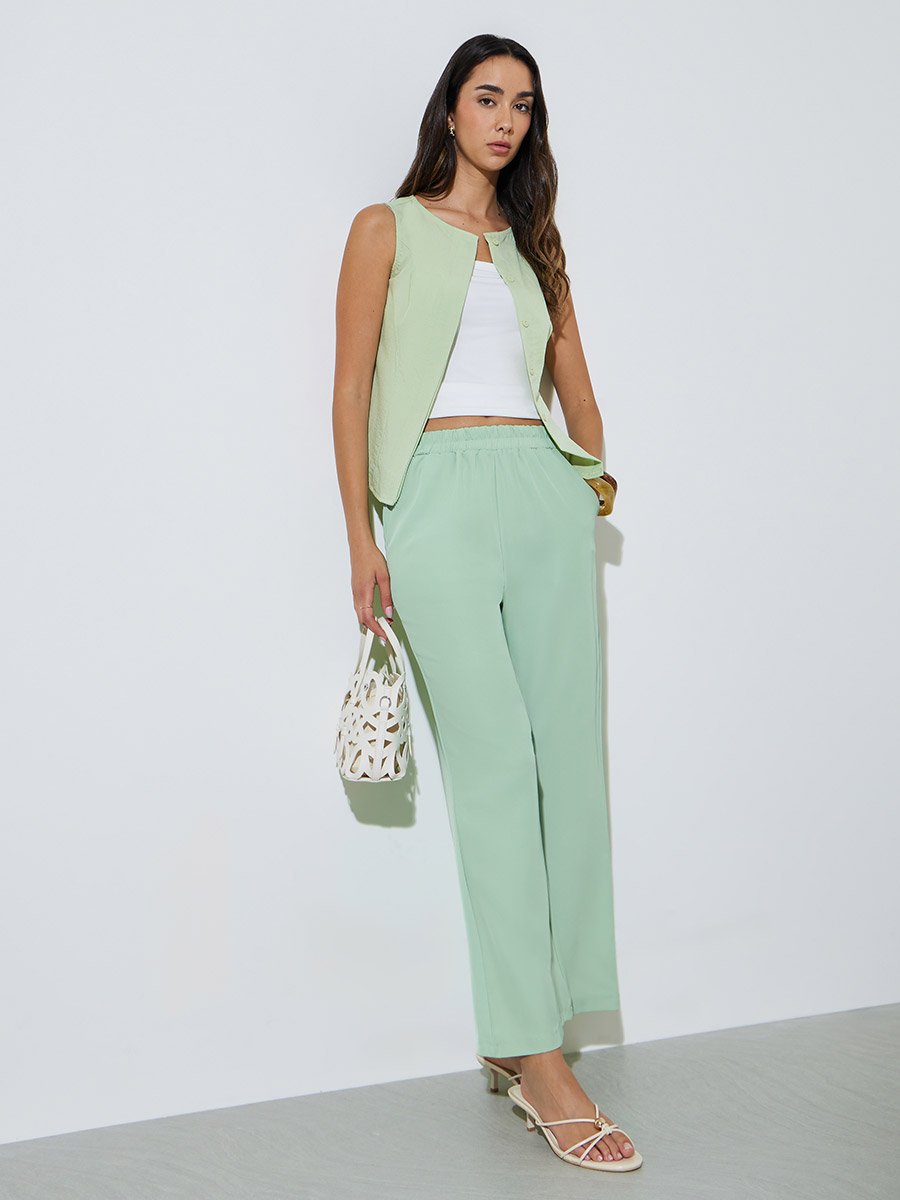 Green Solid Elastic Waist Wide Leg Pants