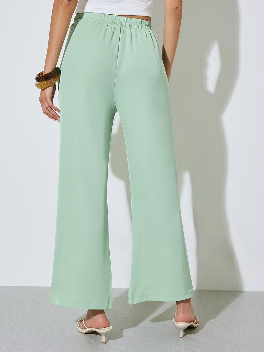 Green Solid Elastic Waist Wide Leg Pants