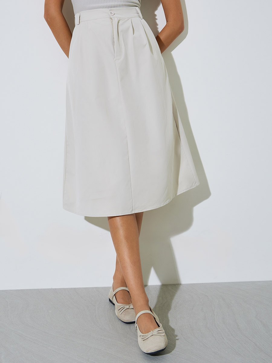 Cream A-Line Midi Skirt with Side Pocket