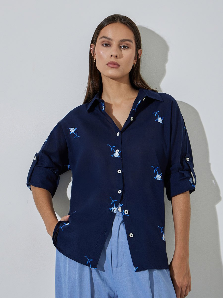Navy Blue Floral Embroidery Long Sleeves Shirt